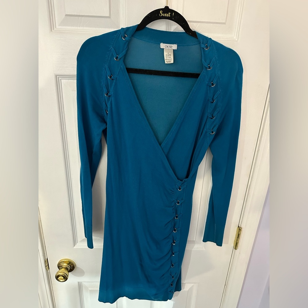 Cache Teal Long Sleeve Dress with Button Accents (M) - Picture 11 of 16